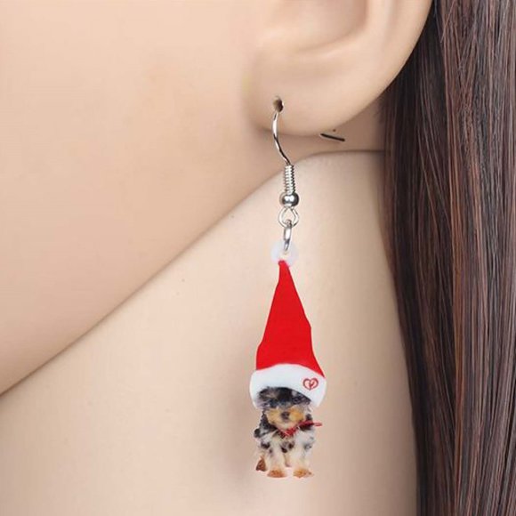 Yorkshire Terrier Puppy Earrings - Santa Hat - 2D - Double Sided - Picture 5 of 8